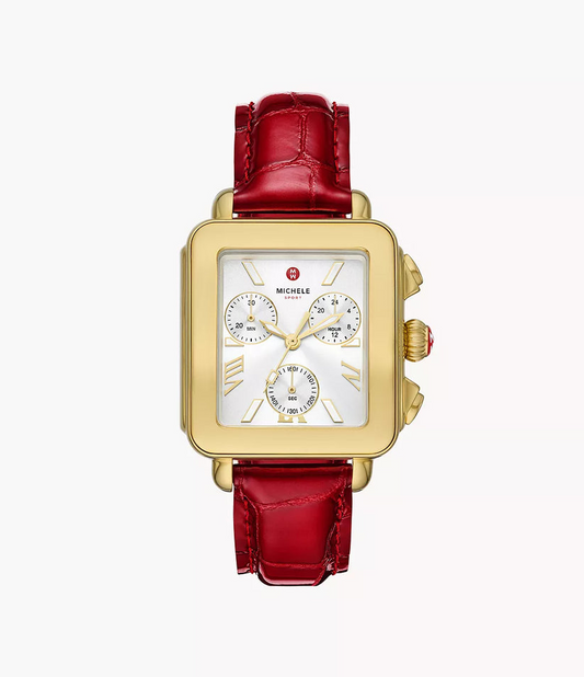 Michele Deco Sport 18K Gold-Plated Ruby Red Leather Watch MWW06K000065