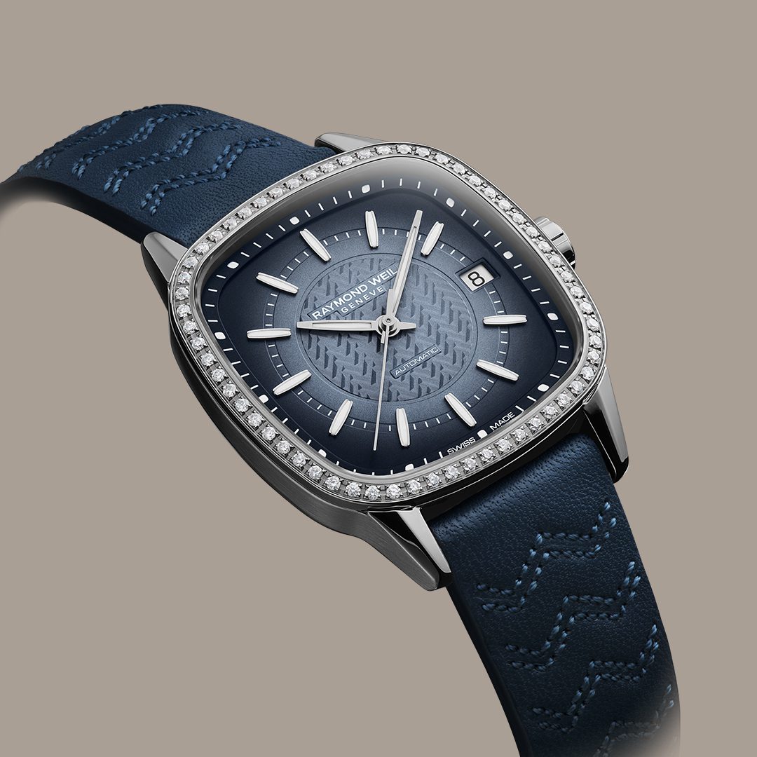 Raymond Weil Freelancer Ladies Automatic 60 Diamonds Blue Dial Leather Strap Watch, 34.5 x 34.5mm 2490-SCS-50051