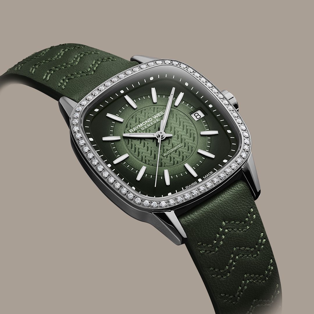 Raymond Weil Freelancer Ladies Automatic 60 Diamonds Green Dial Leather Strap Watch, 34.5 x 34.5mm 2490-SCS-52051