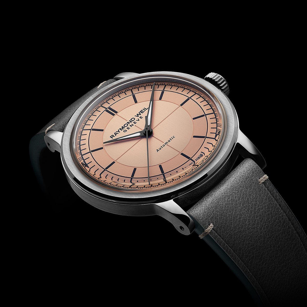 Raymond Weil Millesime Men's Automatic Salmon Sector Dial Grey Leather Strap Watch, 39.5mm 2925-STC-80001