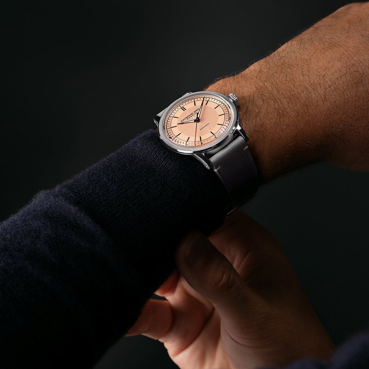 Raymond Weil Millesime Men's Automatic Salmon Sector Dial Grey Leather Strap Watch, 39.5mm 2925-STC-80001