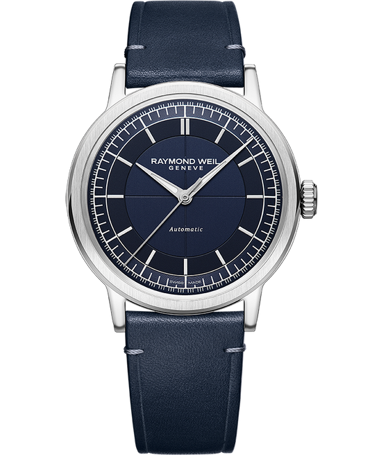 Raymond Weil Millesime Men's Automatic Blue Sector Dial Blue Leather Strap Watch, 39.5mm 2925-STC-50001