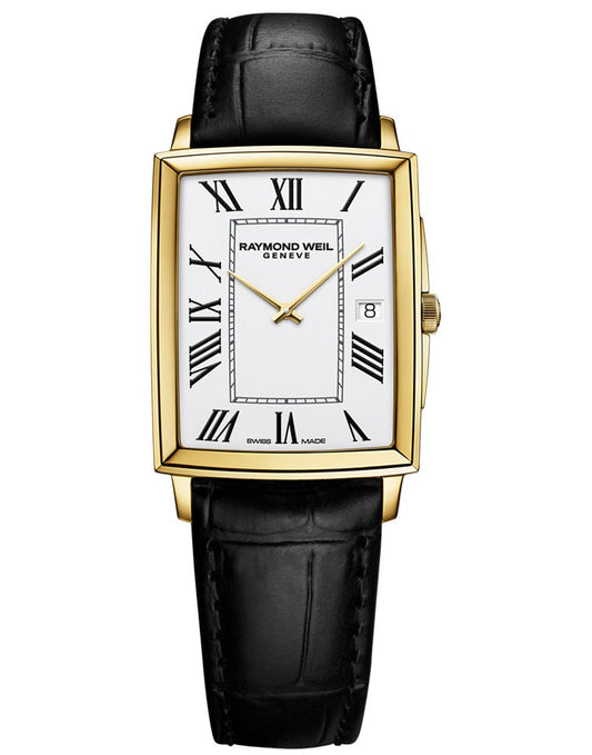 Raymond Weil Toccata Men's Rectangular Gold PVD White Dial Leather Strap Watch, 37 x 29mm 5425-PC-00300