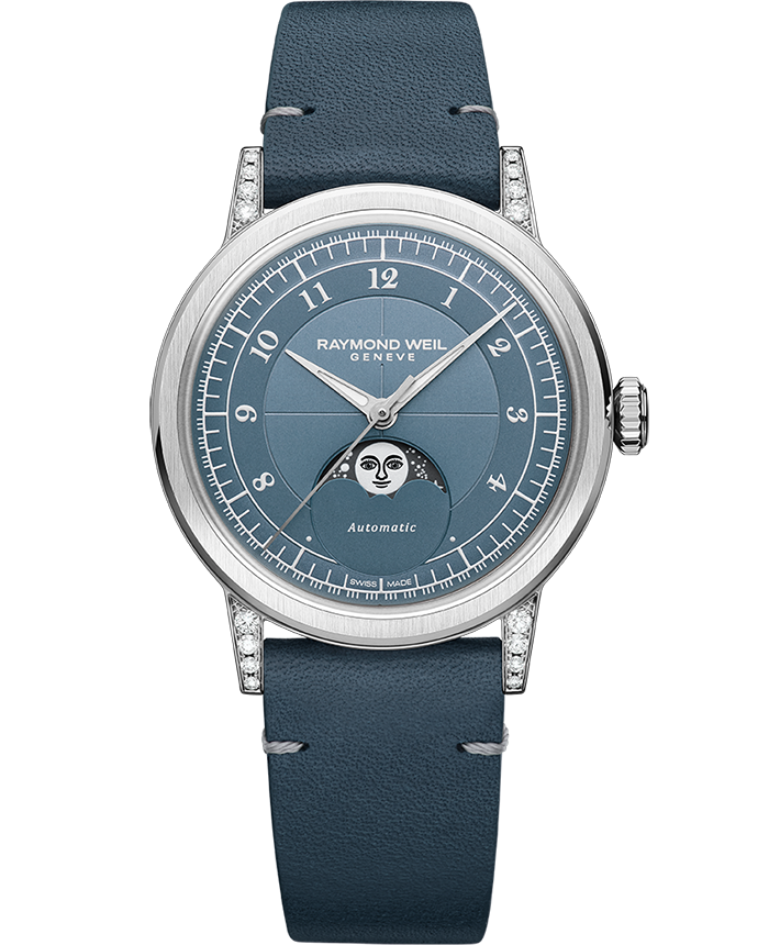 Raymond Weil Millesime Automatic Moon Phase Denim Blue Dial Leather Strap Watch, 35mm 2145-SCS-05511