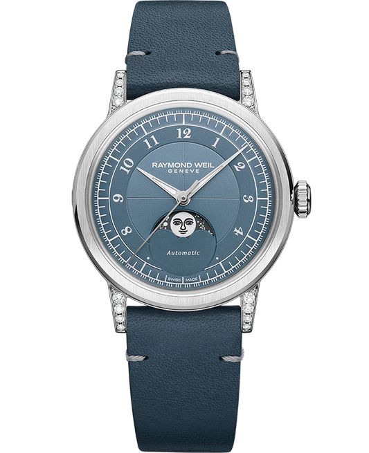 Raymond Weil Millesime Automatic Moon Phase Denim Blue Dial Leather Strap Watch, 35mm 2145-SCS-05511