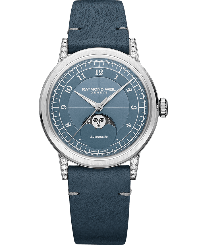 Raymond Weil Millesime Automatic Moon Phase Denim Blue Dial Leather Strap Watch, 35mm 2145-SCS-05511