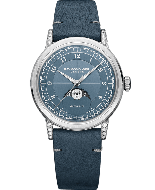 Raymond Weil Millesime Automatic Moon Phase Denim Blue Dial Leather Strap Watch, 35mm 2145-SCS-05511