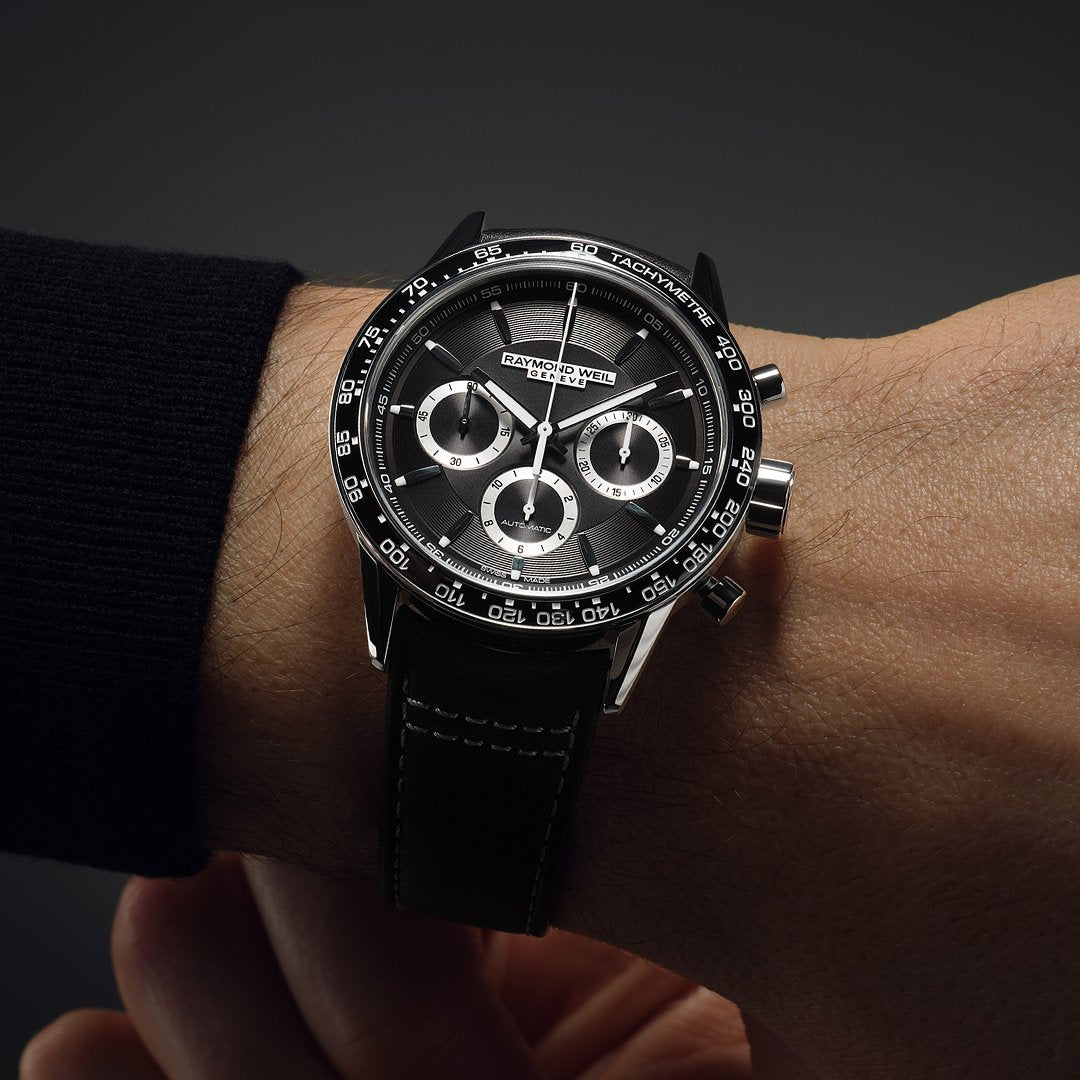 Raymond Weil Freelancer Men's Automatic Chronograph Black Dial Leather Strap Watch, 43.5mm 7741-SC1-20021