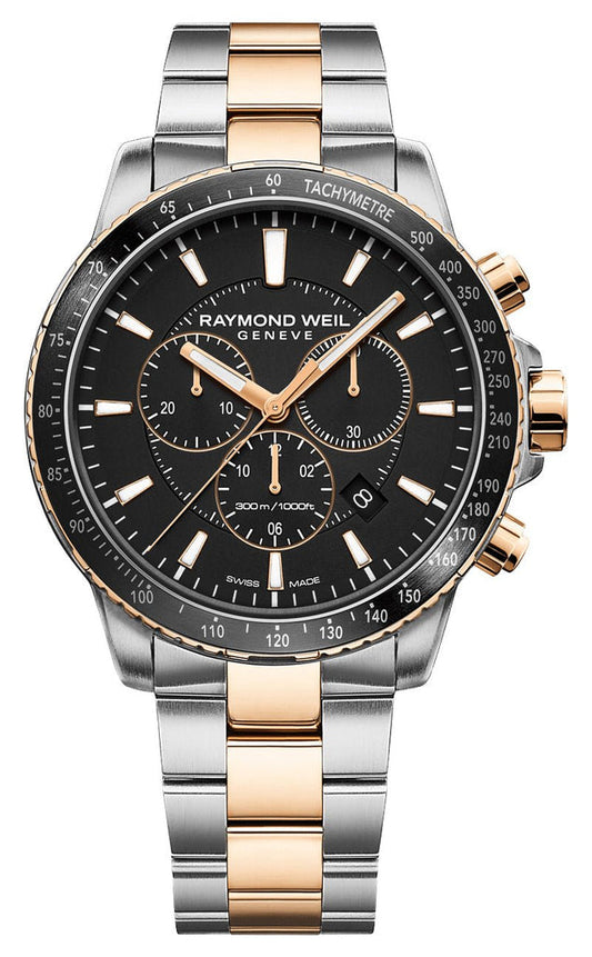 Raymond Weil Chronograph Two-Tone Stainless Steel Black Dial Date Divers Quartz Mens Watch 8570-SP5-20001