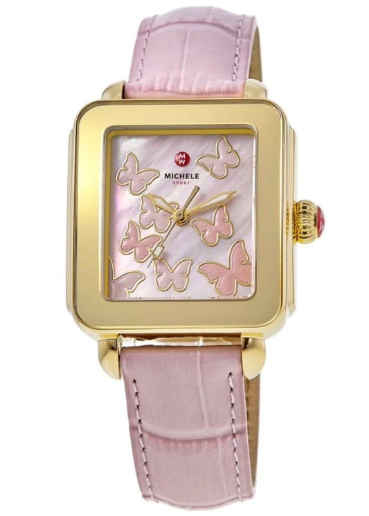 Michele Deco Sport Pink Dial Leather Strap Women's Watch MWW06K000058