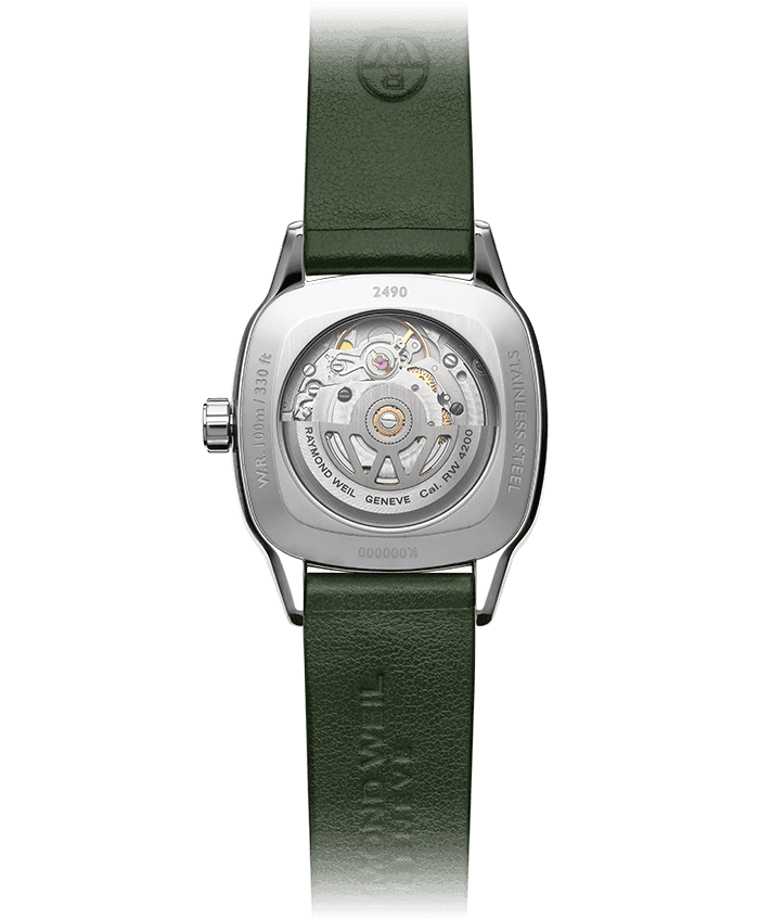 Raymond Weil Freelancer Ladies Automatic 60 Diamonds Green Dial Leather Strap Watch, 34.5 x 34.5mm 2490-SCS-52051