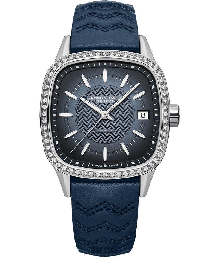 Raymond Weil Freelancer Ladies Automatic 60 Diamonds Blue Dial Leather Strap Watch, 34.5 x 34.5mm 2490-SCS-50051