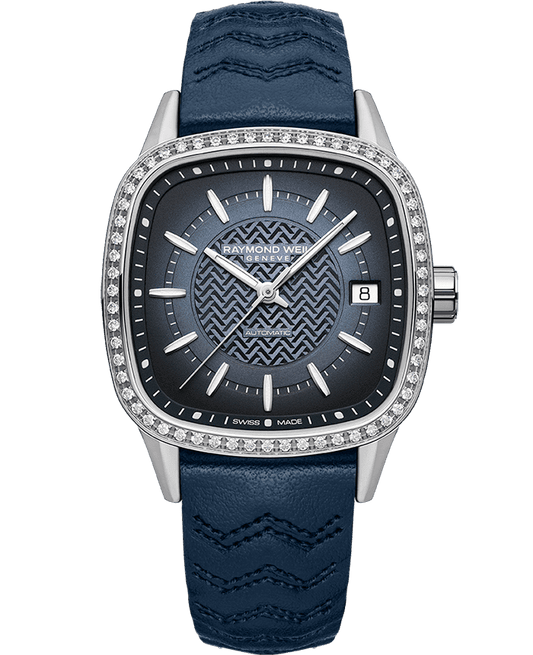 Raymond Weil Freelancer Ladies Automatic 60 Diamonds Blue Dial Leather Strap Watch, 34.5 x 34.5mm 2490-SCS-50051
