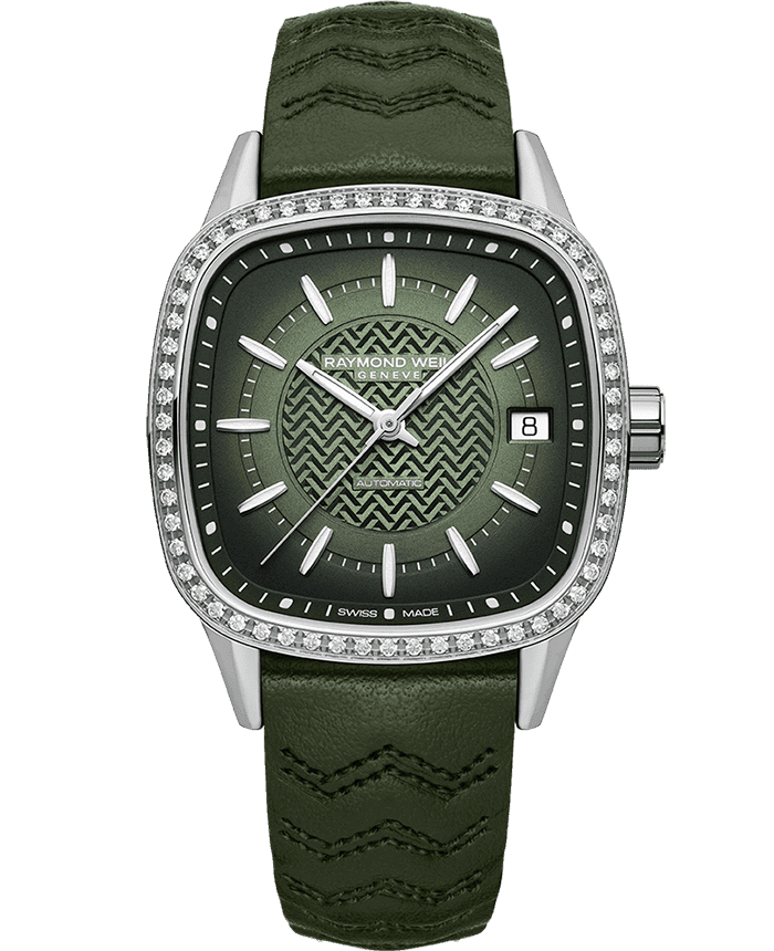 Raymond Weil Freelancer Ladies Automatic 60 Diamonds Green Dial Leather Strap Watch, 34.5 x 34.5mm 2490-SCS-52051