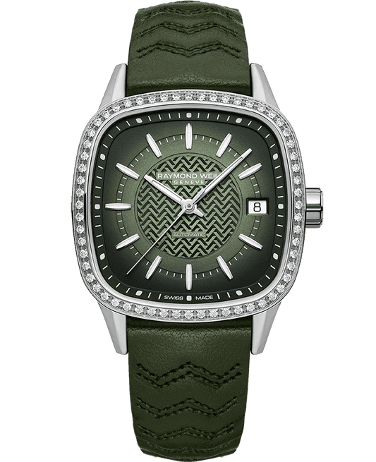 Raymond Weil Freelancer Ladies Automatic 60 Diamonds Green Dial Leather Strap Watch, 34.5 x 34.5mm 2490-SCS-52051