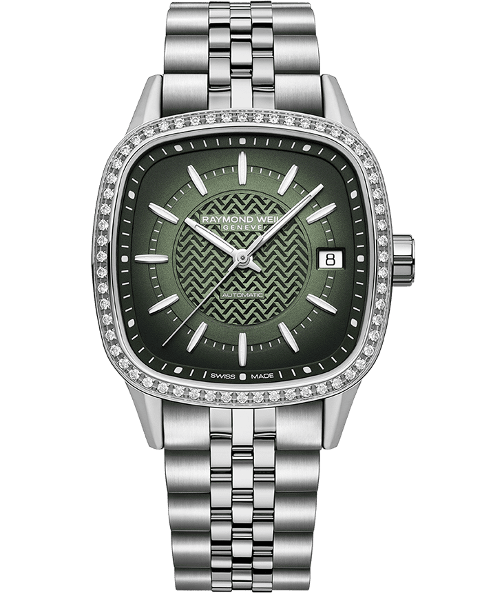 Raymond Weil Freelancer Ladies Automatic 60 Diamonds Green Dial Bracelet Watch, 34.5 x 34.5mm 2490-STS-52051