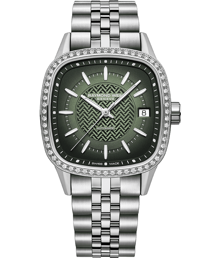 Raymond Weil Freelancer Ladies Automatic 60 Diamonds Green Dial Bracelet Watch, 34.5 x 34.5mm 2490-STS-52051