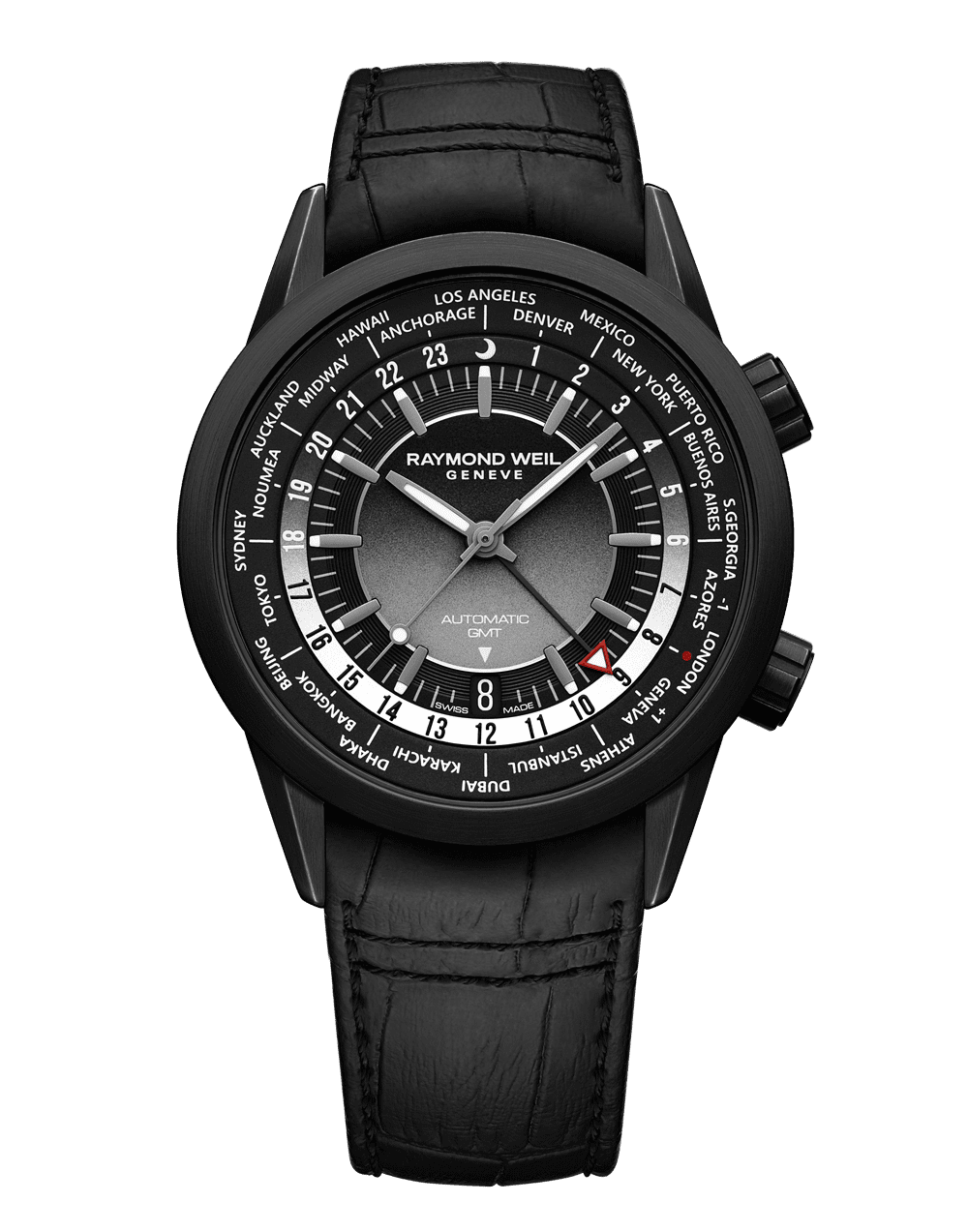 Raymond Weil Freelancer Men's GMT Worldtimer Black Dial Leather Strap Watch, 41mm 2765-BKC-20001