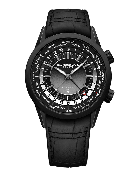 Raymond Weil Freelancer Men's GMT Worldtimer Black Dial Leather Strap Watch, 41mm 2765-BKC-20001