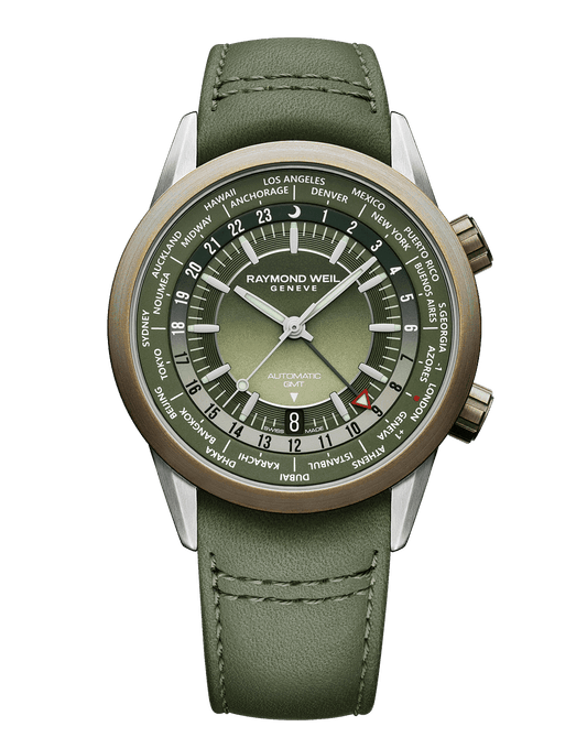 Raymond Weil Freelancer Men's GMT Worldtimer Green Dial Leather Strap Watch, 41mm 2765-SBC-52001