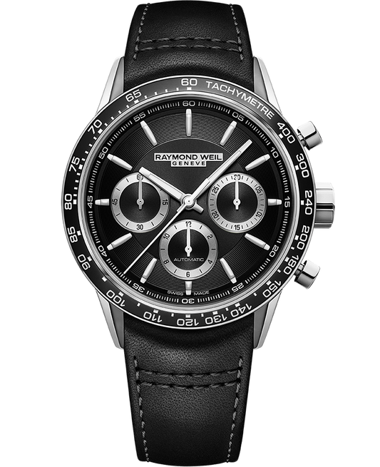 Raymond Weil Freelancer Men's Automatic Chronograph Black Dial Leather Strap Watch, 43.5mm 7741-SC1-20021