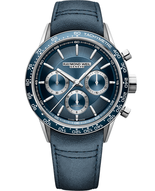 Raymond Weil Freelancer Men's Automatic Chronograph Blue Dial Leather Strap Watch, 43.5mm 7741-SC3-50021