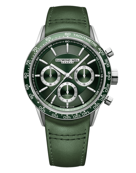 Raymond Weil Freelancer Men's Automatic Chronograph Green Dial Leather Strap Watch, 43.5mm 7741-SC7-52021