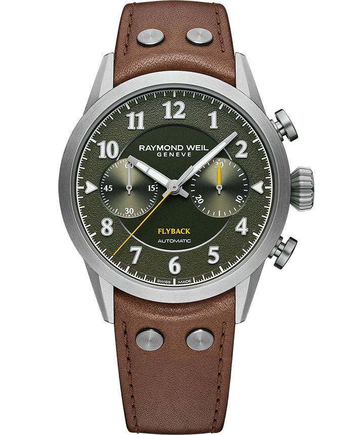 Raymond Weil Freelancer Men's Pilot Flyback Chronograph Green Dial Brown Leather Strap Watch, 42MM 7783-TIC-05520