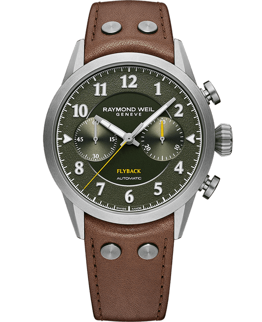 Raymond Weil Freelancer Men's Pilot Flyback Chronograph Green Dial Brown Leather Strap Watch, 42MM 7783-TIC-05520