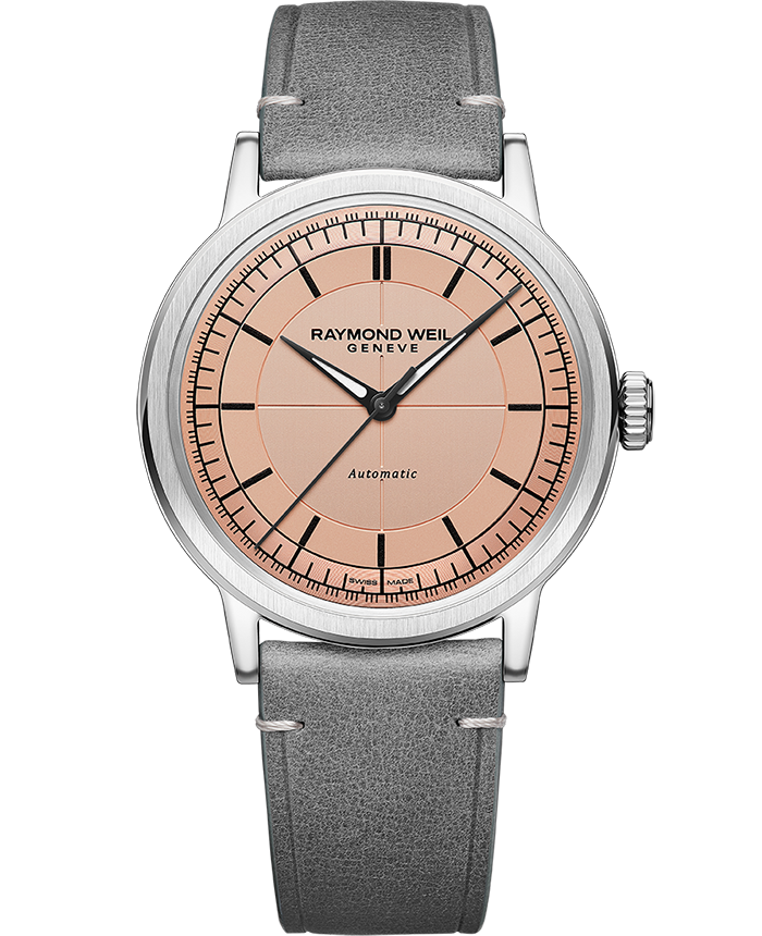 Raymond Weil Millesime Men's Automatic Salmon Sector Dial Grey Leather Strap Watch, 39.5mm 2925-STC-80001