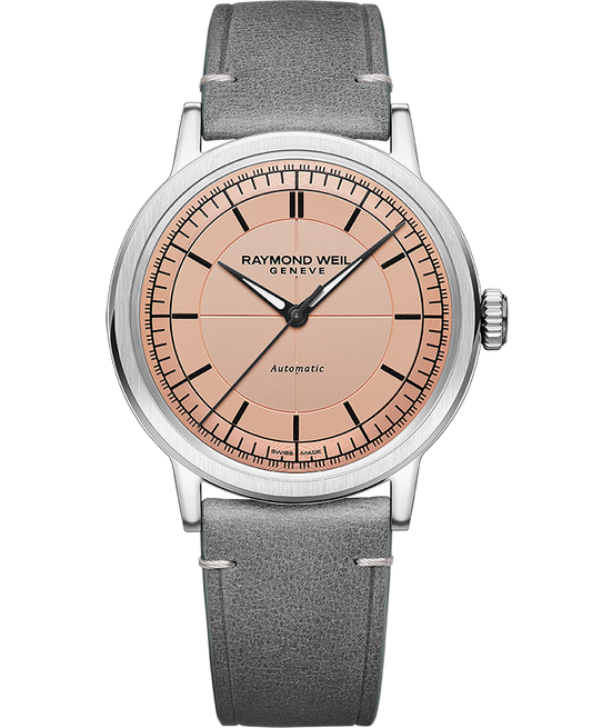 Raymond Weil Millesime Men's Automatic Salmon Sector Dial Grey Leather Strap Watch, 39.5mm 2925-STC-80001