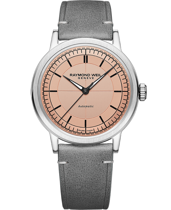 Raymond Weil Millesime Men's Automatic Salmon Sector Dial Grey Leather Strap Watch, 39.5mm 2925-STC-80001