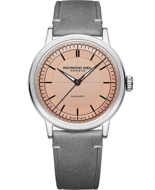Raymond Weil Millesime Men's Automatic Salmon Sector Dial Grey Leather Strap Watch, 39.5mm 2925-STC-80001