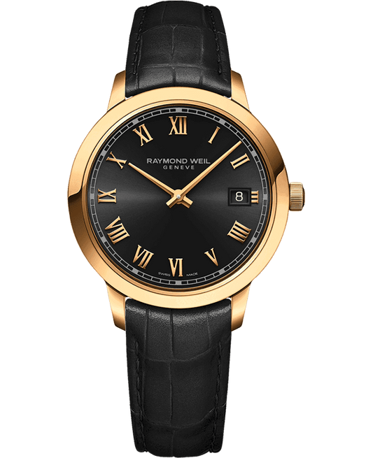 Raymond Weil Toccata Ladies Quartz Gold PVD Black Dial Leather Strap Watch, 34mm 5385-PC-00208