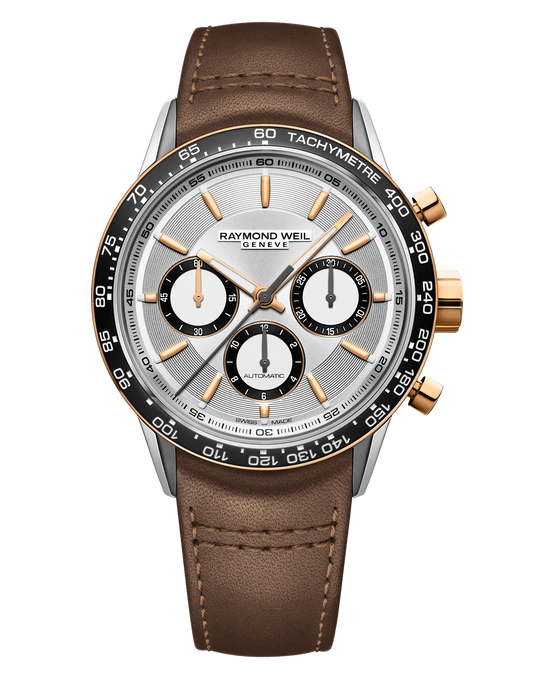 Raymond Weil Freelancer Men's Automatic Chronograph Silver Dial Brown Leather Strap Watch, 43.5mm 7741-S51-65021
