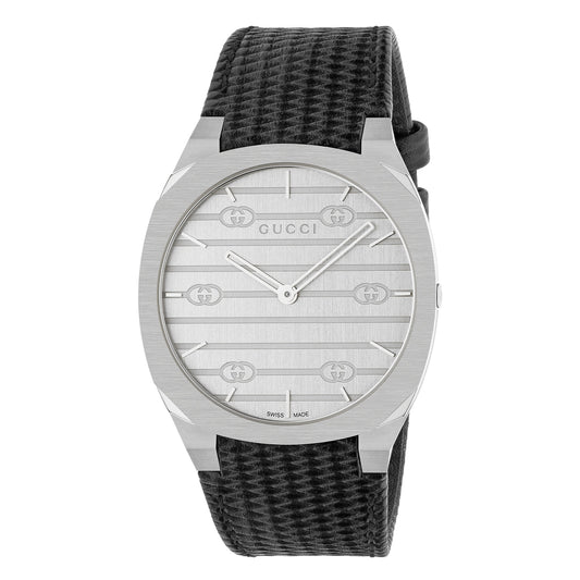 Gucci 25H Quartz Silver Brass Dial Leather Unisex Watch YA163419
