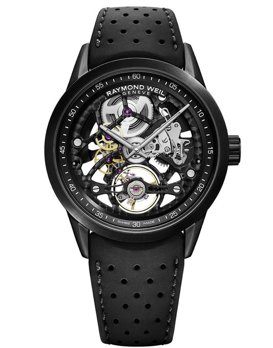 Raymond Weil Freelancer Men's Skeleton RW1212 Black Dial Rubber Strap Watch, 42mm 2785-BKR-20000