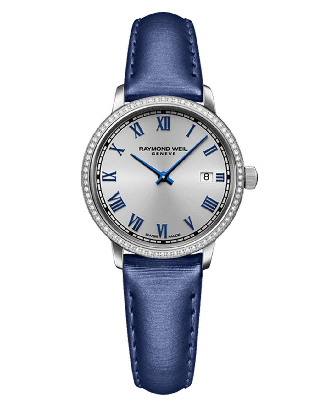 Raymond Weil Toccata Ladies 76 Diamonds Silver Dial Blue Satin Strap Watch, 29mm 5985-SCS-00653