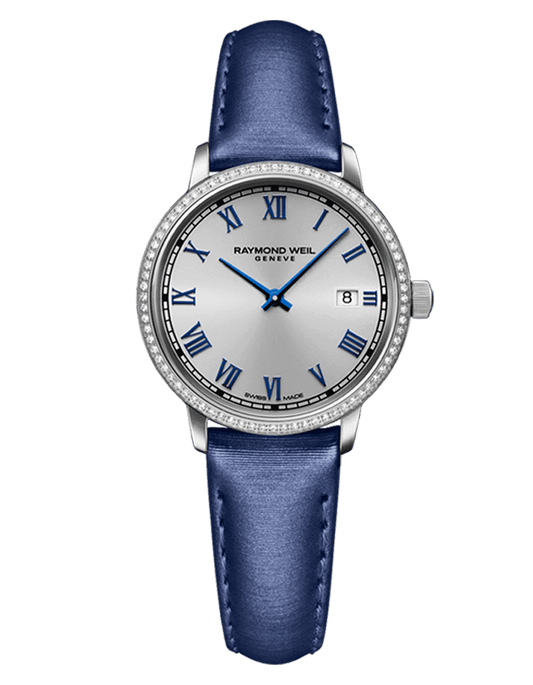 Raymond Weil Toccata Ladies 76 Diamonds Silver Dial Blue Satin Strap Watch, 29mm 5985-SCS-00653