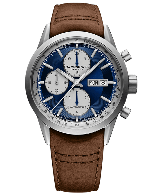 Raymond Weil Freelancer Men's Chronograph Blue Dial Brown Leather Strap Watch, 42MM 7732-TIC-50421