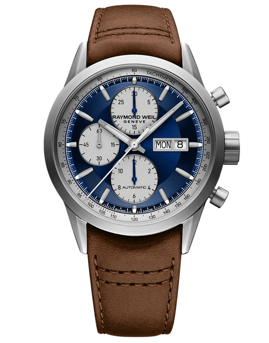 Raymond Weil Freelancer Men's Chronograph Blue Dial Brown Leather Strap Watch, 42MM 7732-TIC-50421