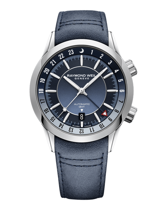Raymond Weil Freelancer Men's GMT Blue Dial Leather Strap Watch, 41mm